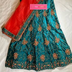 Unstitched - Lehenga - Green/ Pink /Gold
